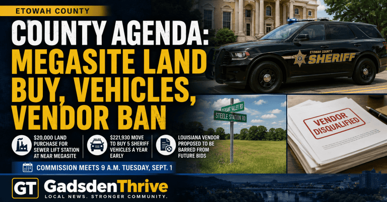 Etowah County buys land for a megasite sewer station Tuesday, and moves 1,930 to get sheriff’s vehicles a year early Etowah County buys land for a megasite sewer station Tuesday, and moves 1,930 to get sheriff’s vehicles a year early