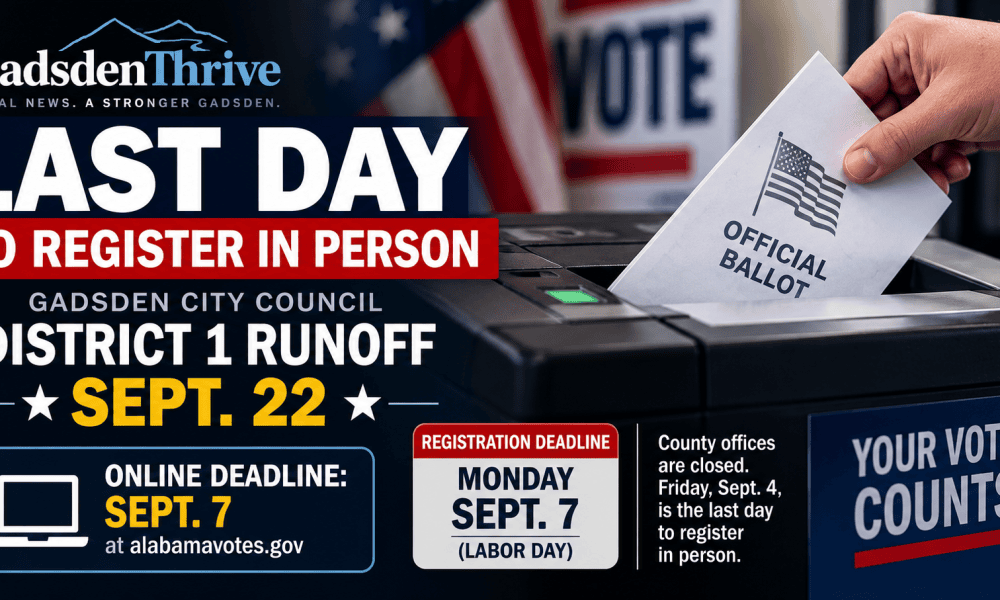 Friday is the last day to register in person for Gadsden’s Sept. 22 runoff